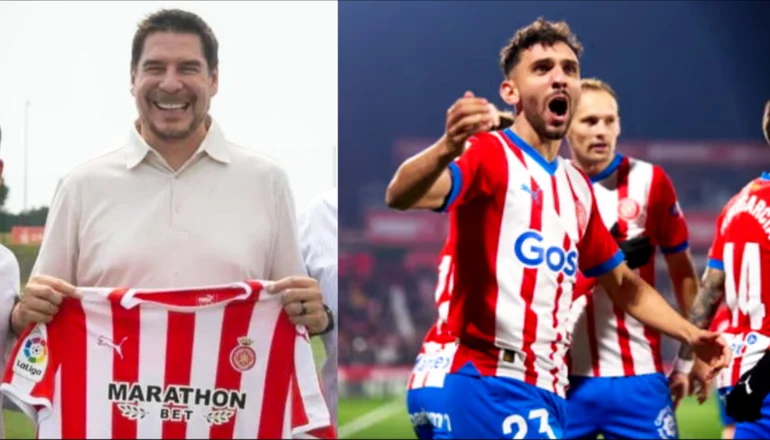 Marcelo Claure y jugadores de Girona celebrando un gol. Foto: Internet, composición MSV.