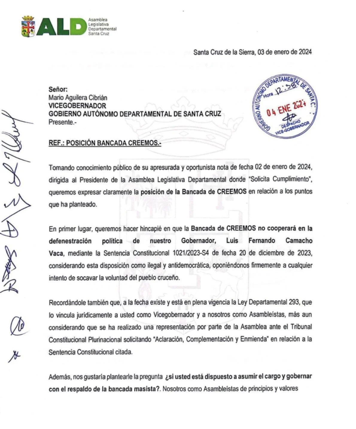 “No seremos parte de ningún golpe institucional”: Creemos envía carta a Aguilera