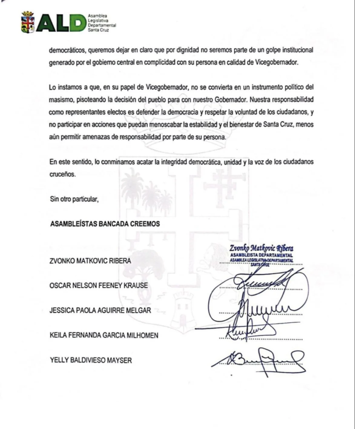“No seremos parte de ningún golpe institucional”: Creemos envía carta a Aguilera