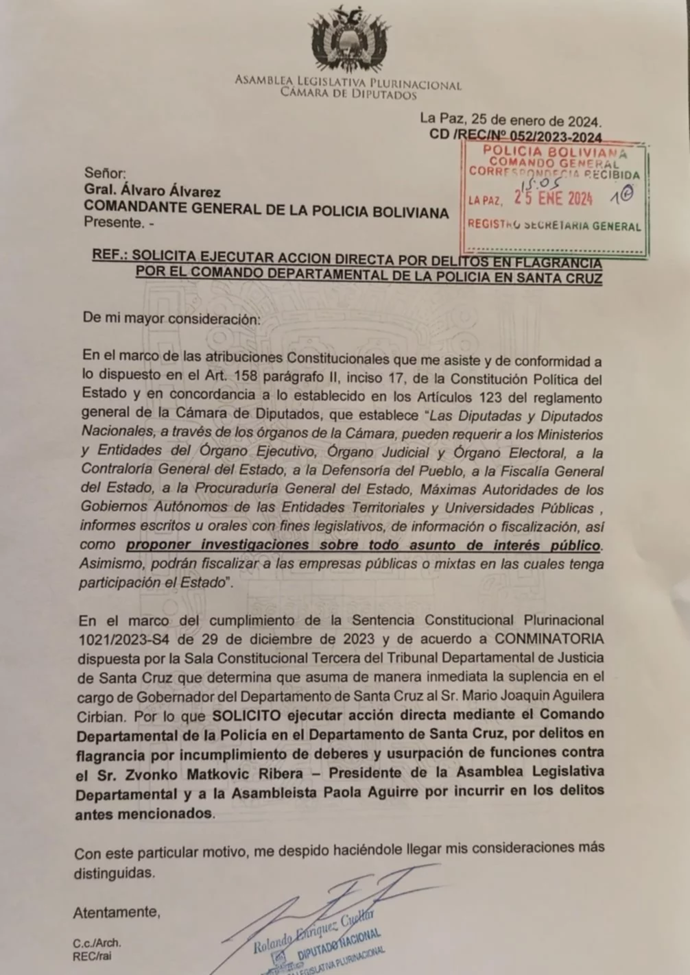 Carta presentada por el diputado del MAS Rolando Cuéllar.