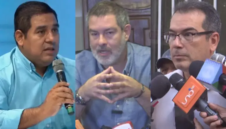 Dilfer Renteria, jefe de bancada del MAS, Zvonko Matkovic, presidente de la ALD y el vicegobernador cruceño, Mario Aguilera. FOTO composición CHMF.