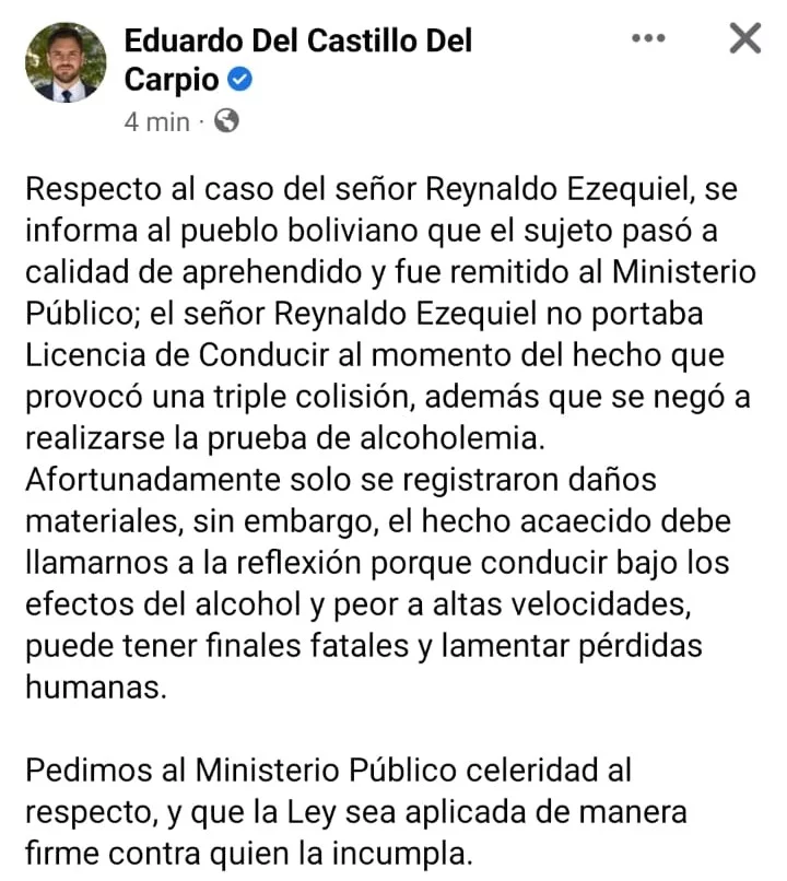 Reynaldo Ezequiel no portaba licencia y se negó a someterse al test de alcoholemia