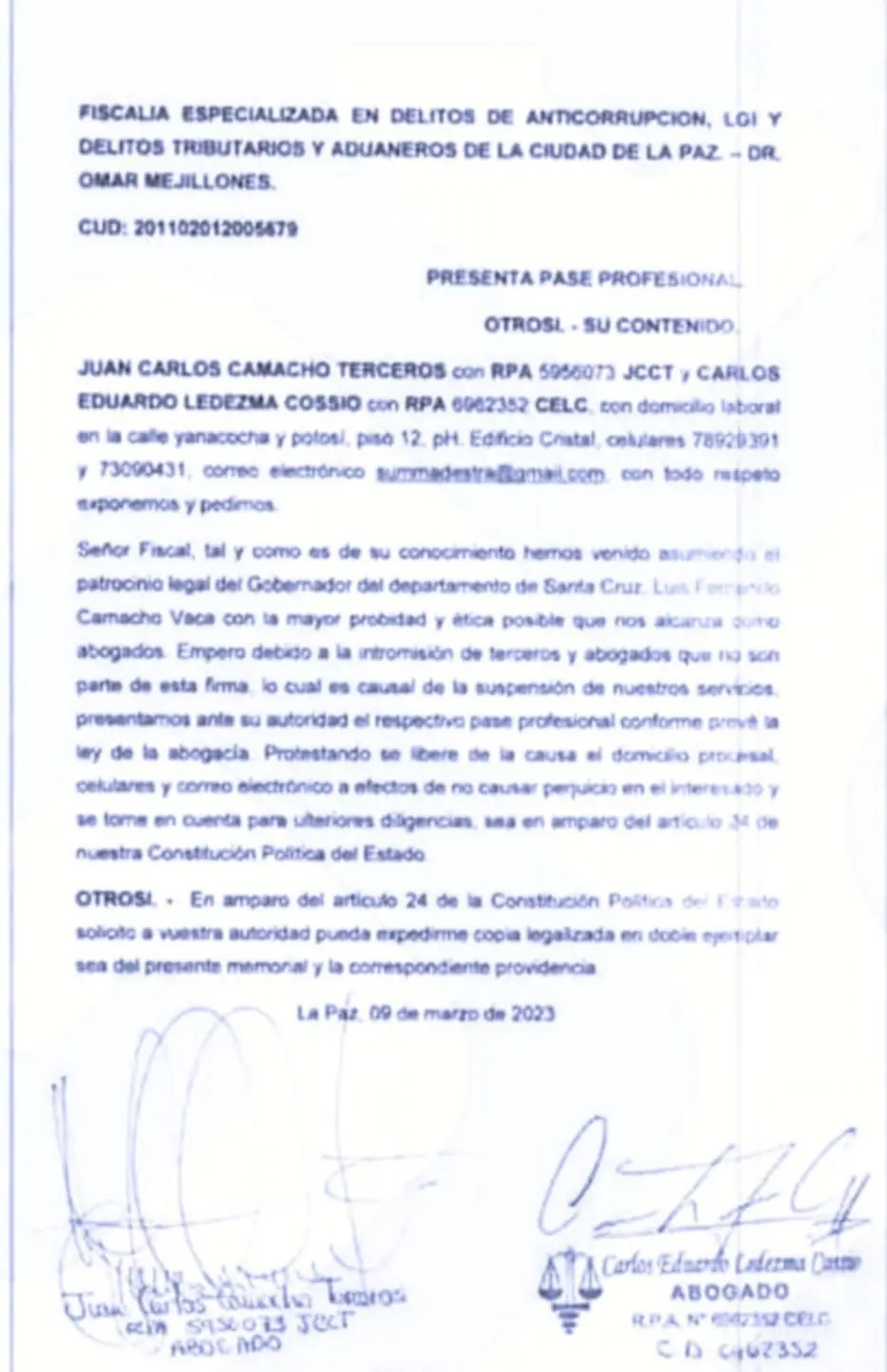 Abogados de Camacho renunciaron al patrocinio tras advertir ‘interferencia de terceros’