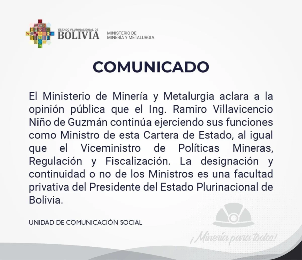 Gobierno aclara que Ramiro Villavicencio continúa ejerciendo como Ministro de Minería