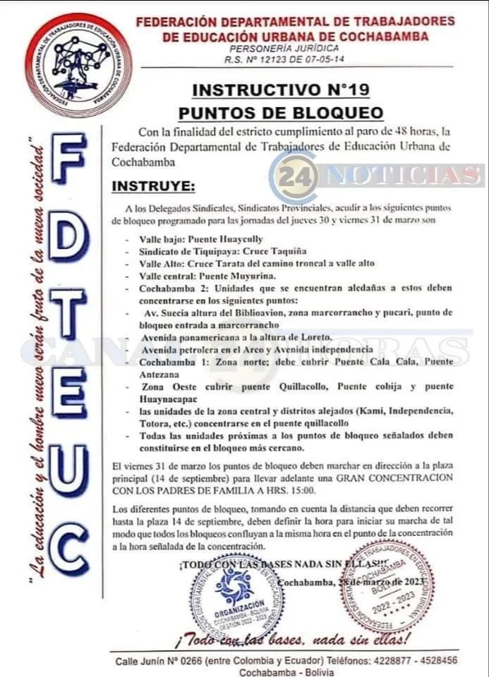Se inicia la huelga de hambre de Maestros Urbanos de Cochabamba