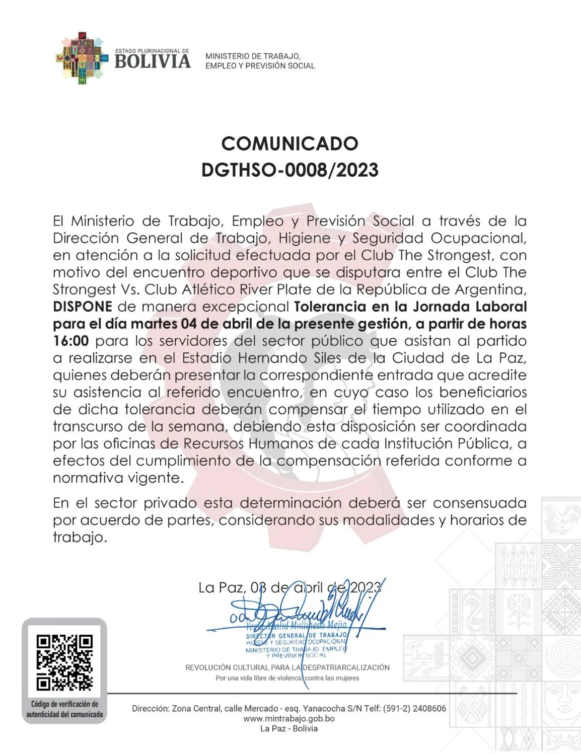 Comunicado DGTHSO-0008/23. Foto: Ministerio de Trabajo y Previsión Social.