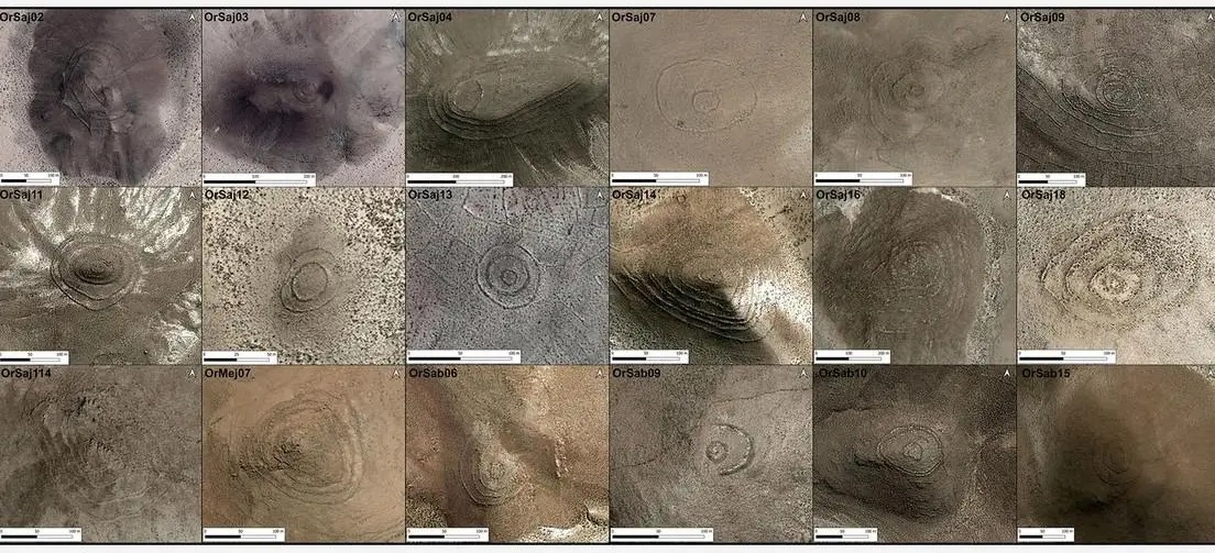 Fotografías satelitales de los sitios concéntricos amurallados descubiertos en la provincia de Carangas, altiplano de Bolivia. Foto: Cambridge University Press