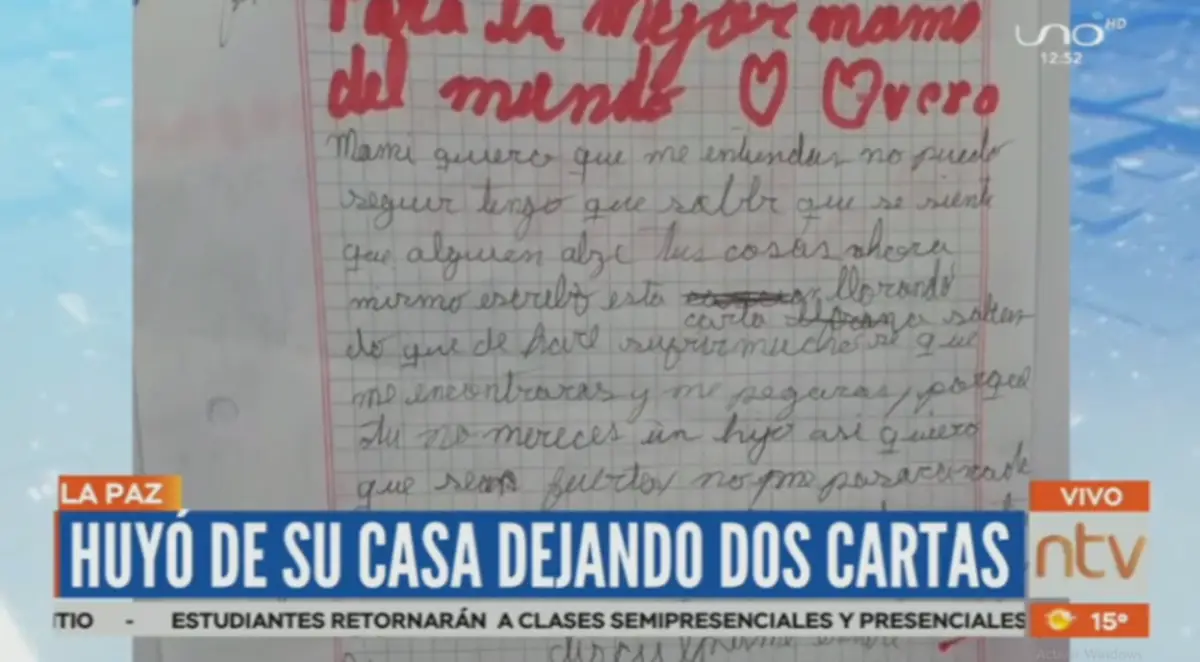 Niño de 11 años huye de su casa y deja dos cartas para sus padres y padrinos