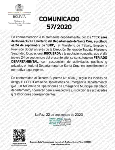 Gobierno ratifica feriados en Pando y Santa Cruz este 24 de