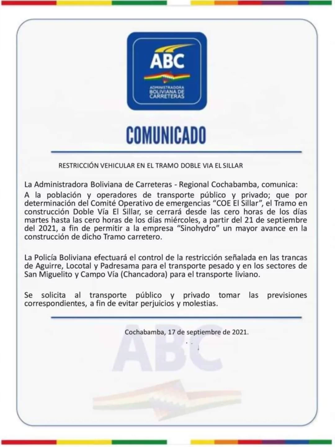 Red Uno_ Comunicado de la ABC, sobre el cierre del Sillar.
