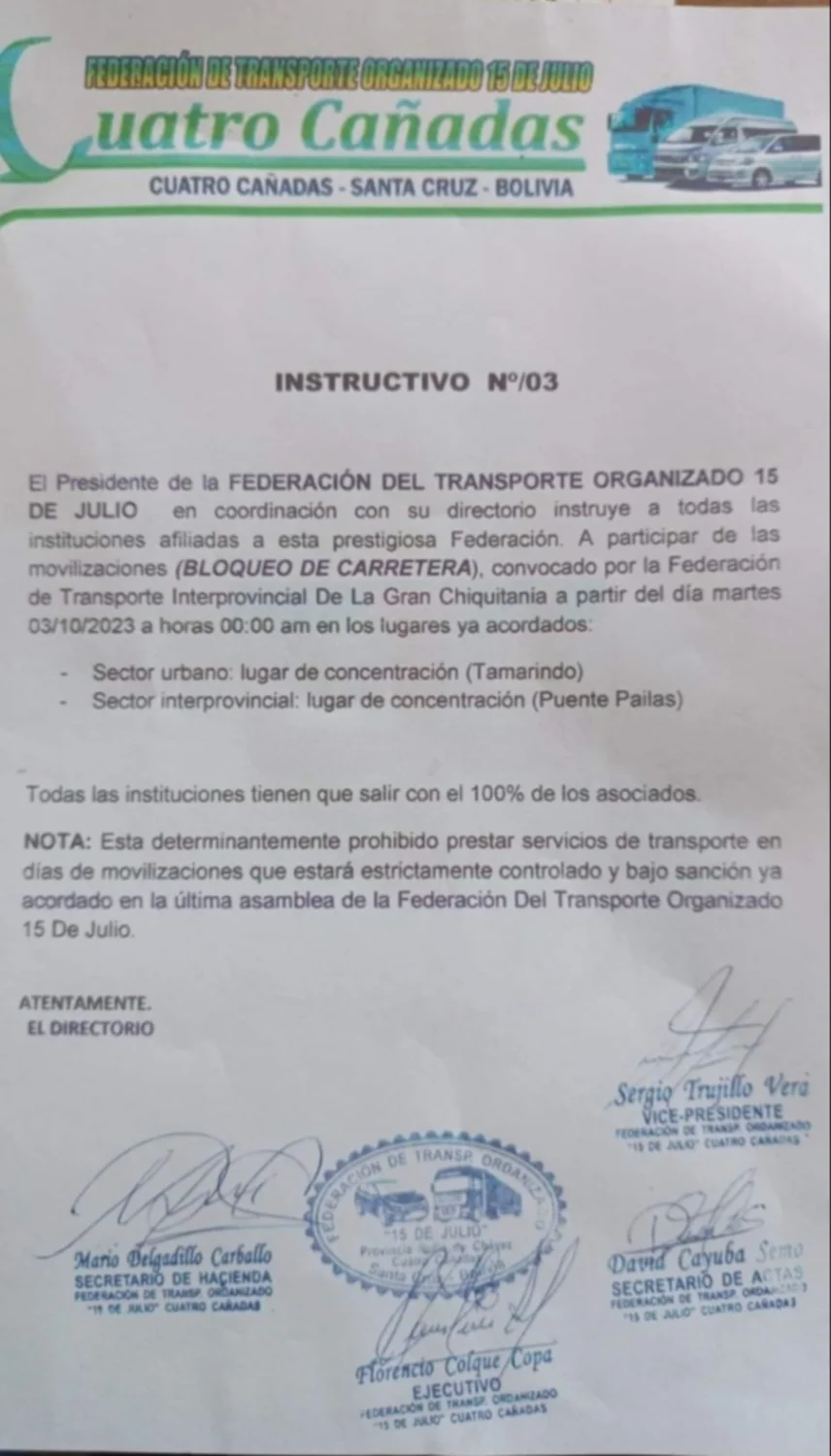 Anuncio de bloqueo de carreteras por parte de sectores de transportistas en Santa Cruz