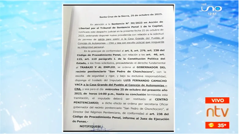 Resolución que ordena el trasladado del gobernador cruceño.