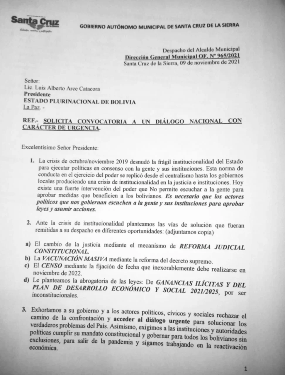 Jhonny Fernández envía carta con carácter de “urgencia” al presidente Luis Arce