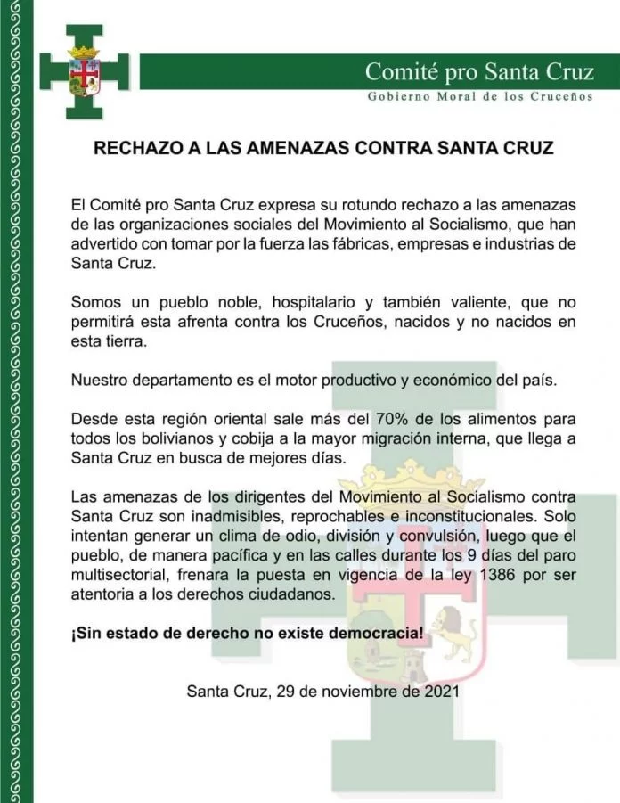 Comité cívico cruceño rechaza las “amenazas” del MAS contra Santa Cruz