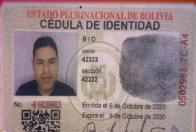 Cédula de identidad del boliviano encontrado sin vida. Foto: Redes Sociales.