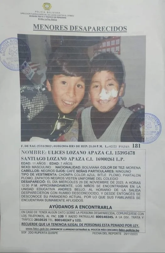 Dos niños desaparecieron de la puerta de su escuela en El Alto