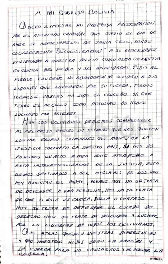 Pumari desde la cárcel escribe una carta de apoyo a Camacho 