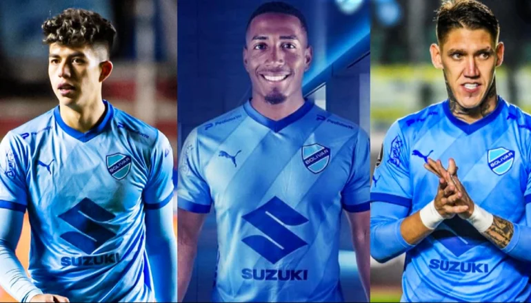 Gabriel Villamil, Jairo Quinteros y Brian Bentaberry futbolistas de Bolívar. Foto: La Razón.